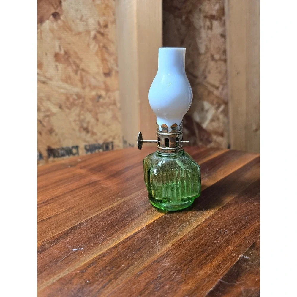 Vintage Miniature Green Glass Oil Lamp White Milk Glass Chimney Hong Kong 5 inch